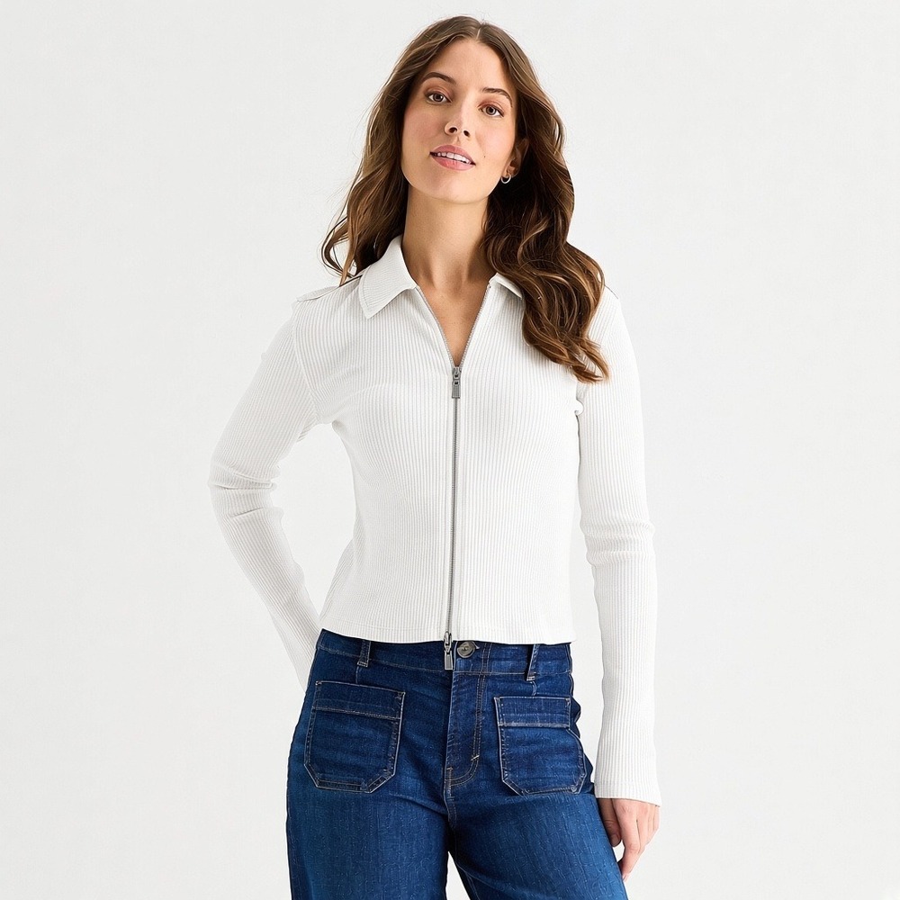 MSRP $38 a.n.a Womens M Snowdrift Long Sleeve Rib Polo Shirt Two Way Zipper